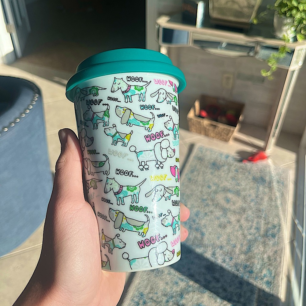 Dog travel coffee mug/cup cute woof dog design